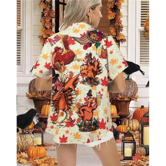 Women’s Thankful Turkey Pumpkin Button-Up Shirt - Fall Hawaiian Tee - Picture 2 of 7